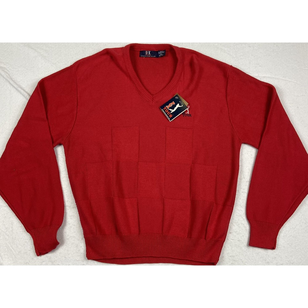 Vintage PGA Tour Red Golf Pull Over Sweater 80s Mens‎ XL V-Neck Cotton New